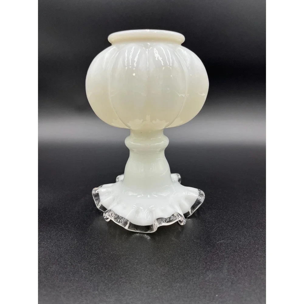 Fenton Silver Crest Milk Glass Melon Vase: Crimped Edge Flower Vase